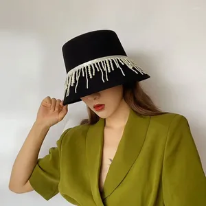 Berets outono inverno francês elegante lã fedora chapéus para mulheres pescador balde bonés de alta qualidade pérola borla decoração bacia chapéu k