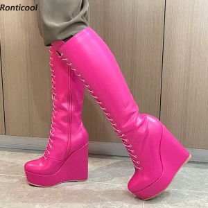 Ronticool Handmade Women Winter Knee Boots Stiff Full Side Zipper Wedges Heels Round Toe Pretty Fuchsia Shoes Plus US Size 5-20