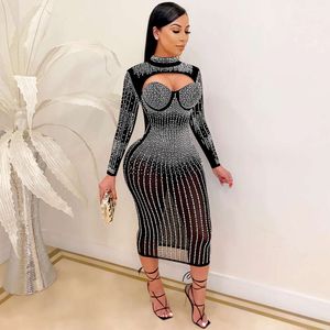 Women New Arrival Fashion Design Summer Diamonds Dress Solid O Neck Long Sleeve Sexy Celebrity Party Maxi Dresses Vestidos