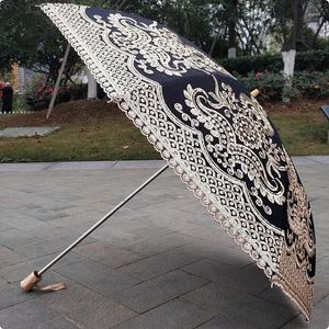 Umbrellas Luxury Gold Sequin Umbrella Embroidered Flowers Two Folding Shade Retro Sunscreen Raining Lace For Girls