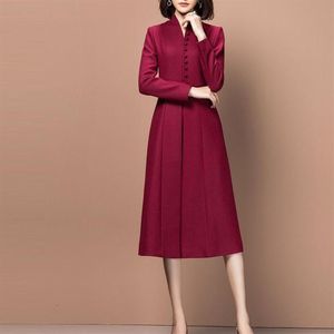 Casual Dresses Elegant Winter Wool Dress Women Slim Vintage Retro A-Line Bourgogne Long Fashion Ladies Formal Business Wear Cl272b