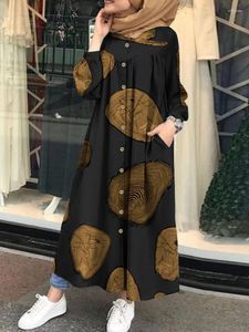 Abbigliamento etnico Ramadan Musulmano Stampato Maxi Abito Donna Abaya Islamico Casual Camicia a maniche lunghe Abiti Donna Bottone Abito Estate 2023