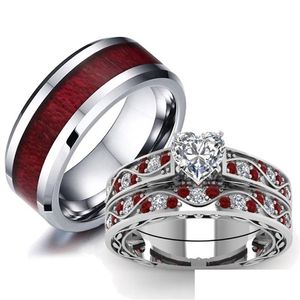 Anéis de banda Moda Casal Anéis Mulheres Coração Branco Cristal Cz Set Mens Red Wood Inlay Anel de Aço Inoxidável Anel de Casamento Jóias Dro Dhg Otsvt