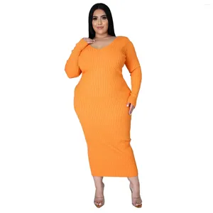 Plus Size Dresses Wsfec L-5XL For Wome Clothing 2023 Solid Color Long Sleeve Rib Bodycon Sexy Elegant Party Dress Wholesale