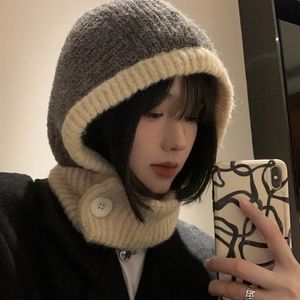 Beanie Skull Caps Cycling Masks Japanese Retro Balaclava Hat Women Scarf Winter and Neck Cold Proof Warm Knit Cap Female Fashion Color Matching Women s Hats 231025