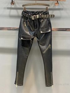 Calças femininas outono e inverno zíper motocicleta couro preto emagrecimento tornozelo-amarrado harem calças pu casual