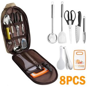 Camp Kitchen 8 PCS/Set Outdoor Camping Cookware Set With KnifeSil Spoon Portable Picnic Kitchen Toensils Table Lagring Handväska 231025
