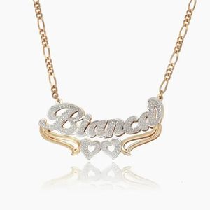 Pendant Necklaces Customized Necklace Double Layer Two Tone Two Hearts Personalized Custom Gold Plated Name Stainless Steel Necklace For Women 231024