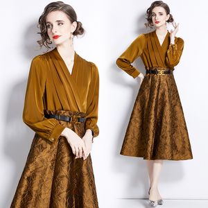 Women Midi Yellow Dress with Belt Luxury Designer Long Sleeve V-Neck Satin Ruched Patchwork Jacquard Slim Party Flare Dresses 2023 Autumn Winter Cute Vacation Frocks