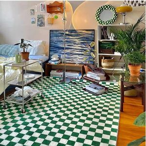 Carpet Retro Green White Checkered Rug Moroccan for Living Room Bedroom Decor Plaid Nordic Simple Coffee Table Mat 231025