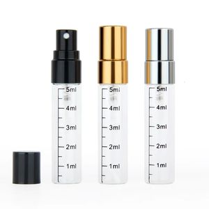 Frasco de perfume 50 unidades / lote 5ml Frasco de spray de névoa fina portátil de vidro de calibração recarregável frascos de perfume pulverizador de amostra garrafa vazia 231024