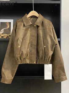 Kvinnor läder ucxq streetwear vintage pu jacka för kvinnor långärmad hem elastisk dragkedja khaki kappa 2023 höst vinter 23a5521