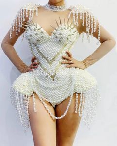 Women's Two Piece Pants Luxurious Pearls Stones Bodysuit Sexy Tranparent See Through Leotard Dance Show Costume Party Tassels Nightclub