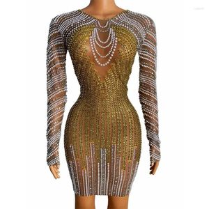 Casual Dresses Ladies Golden Color Long Sleeve Peals Beading Sexy Mini Bodycon Dress Birthday Prom Costume Female Evening Performance