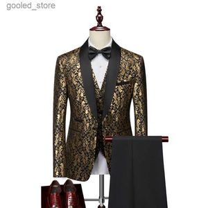 Herrdräkter Blazers Men's Luxury Gold Jacquard Suit 2 Piece Set Business Banquet Party Dress 2023 New Fashion Wedding Suits For Men Q231025