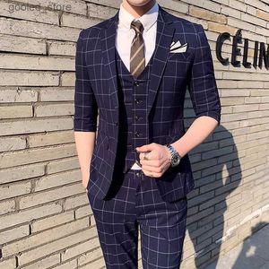 Erkekler Suits Blazers (Ceket+Yelek+Pantolon) Erkekler Bahar Yarım Kollu Ekose İş Takımları/Erkek İnce Fit Moda Damat Gelinlik Blazers Boyut S-4XL Q231025