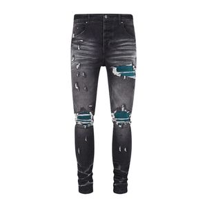 Lila Jean Amiiris Designer-Jeans für Herren, modisch, trendige Marke, Riss-Patch mit Lederkragen, blau, elastisch, schmale Passform, kleine Füße