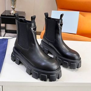 Designer-Stiefel für Damen, Monolith-Stiefel aus Leder und Nylon, schwarze Plateau-Stiefeletten, Winter-Martin-Stiefel, Schneestiefel, dicker Boden, Gummisohle, modisch, lässig