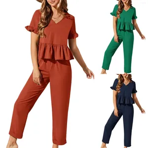 Women's Two Piece Pants Ladies 2 Straight Set Flounce Sleeve Women Summer With Pockets Casual Style Loose Fit Vacation Outfit