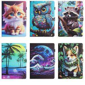 Print PU Leather Wallet Tablet Cases For IPAD Mini 1 2 3 4 5 Samsung Galaxy Tab A9 2023 Ocean Butterfly Dog Cat Owl Coconut Tree Cube Raccoon Card Slot Holder Pouch Purse