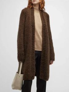 レディースニットウールミッドレングスニットカーディガンジャケット茶色の秋と冬の女性長袖セーターコート