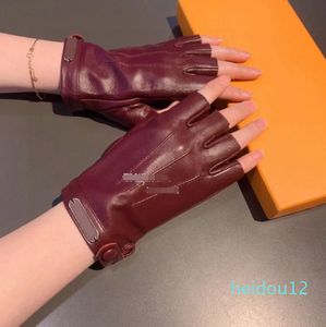 Sexy Ladies Fingerless Mitt Gloves Leather Motorcycle Gloves Autumn Winter Plush Lining Mittens With Box