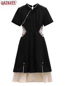 Basic Casual Dresses Black Embroidery Chic Chiffon Patchwork Chinese Style Dress Women Bodycon Vintage Elegant Summer New Party YQ231025