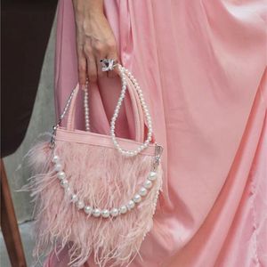 Evening Bags Fashion Ostrich Fur Handbag Bucket Bag Feather Wallet Clutch Ladies Pearl Handle Dinner Party Wedding Purse Luxury Chic