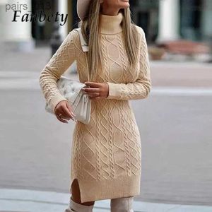 Grundlegende Freizeitkleider Mode Herbst Winter Rollkragenpullover Kleid Elegante Damen Langarm Schlank Gestrickte Frauen Einfarbig Schlitz Mini YQ231025