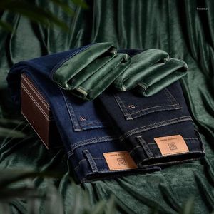 Calças de brim masculinas 2023 inverno velo quente engrossado em linha reta algodão estiramento denim calças negócios casual marca preto azul