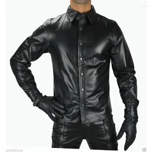 Camisa preta masculina de couro genuíno pele de cordeiro genuíno fino ajuste elegante motociclista macio tendências da moda europeia e americana