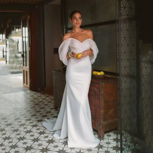 2024 sommer Organza Hochzeit Party Kleider Weg Von Der Schulter Falten Brautkleid Meerjungfrau Satin Frauen Braut Kleider Mit Zug Vestido de Noiva