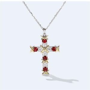 Brand Classic Ins Top Selling Luxury Jewelry 925 Sterling Silver Cross Pendant Ruby White Cz Diamond Party Women Link Chain Neckla261T