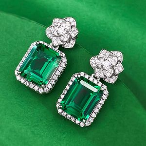 Flower Emerald Diamond Dangle Earring 100% prawdziwy 925 Srebrny srebrny kolczyki na wałę