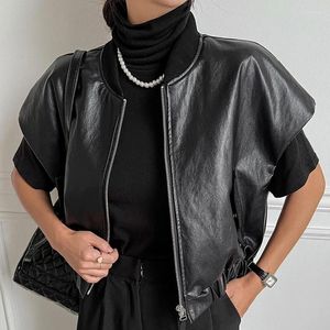 Women's Leather Women Vest 2023 Autumn Retro Zipper Sleeveless Black PU Solid All Match Loose Casual Short Jacket Fashion