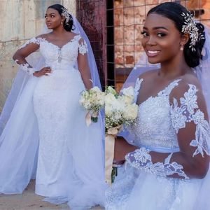 2024 свадебное платье с белым жемчугом и длинными рукавами, иллюзия, верхняя юбка, свадебное платье русалки, кружевное африканское платье De Mariage