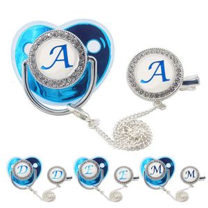 Other Baby Feeding Name Initial Letters Pacifier with Clips Lids Rhinestone Blue Luxury born Boys Silicone Nipple Shower 231025