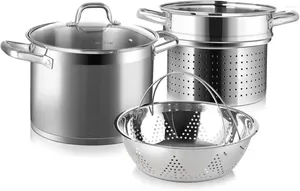 Double Boilers Stainless Steel Pasta Pot With Strainer Insert 4PC Multipots Includes & Steamer 8.6Qt Induction Stock Wi