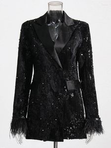 Women's Jackets HIGH STREET Est 2023 Fashion Designer Feather Coat Stylish Double Row Button Sequin Ostrich Hair Embellished Blazer