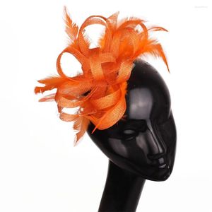 Berretti Copricapo da sposa arancione con fascia di piume fantasia Fascinatori da cocktail formali Accessori per capelli Clip chic