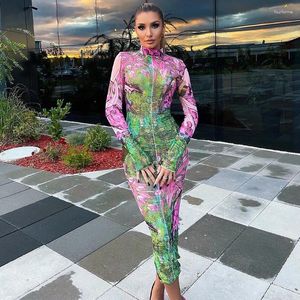 Casual Dresses Women 2023 Summer Autumn Fashion Long Sleeve Bodycon Streetwear Floral Printed Midi Dress Wholesale Items For