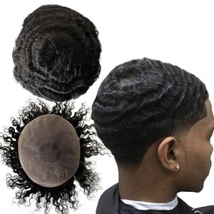 Sistema europeu de cabelo humano virgem, onda de 15mm, 1b, peruca masculina preta, 8x10, unidade completa de renda para homem negro