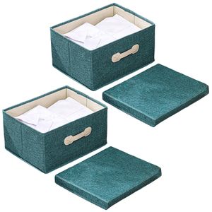 Collapsible Storage Boxes 1 Pack, Linen Fabric Storage Baskets Washable, with Lids and Leather Handle, for Home Bedroom Closet Office