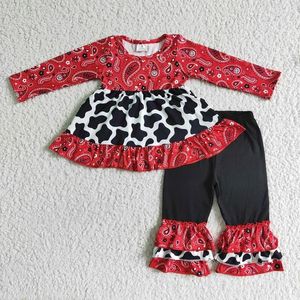 Set di abbigliamento Arrivi Moda autunnale Top rosso e pantaloni neri con volant Completi per neonate Boutique all'ingrosso per bambini