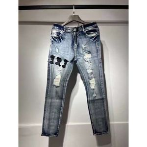 Lila jean amiiris designer jeans mens mode mäns med hål lappar trendiga elastiska smala fit leggings mångsidiga byxor