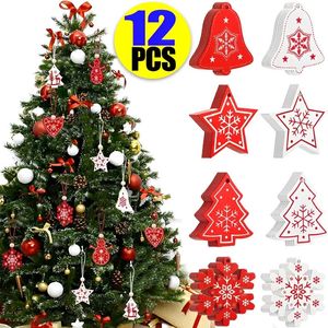 Decorações de Natal 12PCSset DIY Branco Vermelho Pingentes De Madeira Noel Ornamentos para Crianças Presentes Árvore 231025