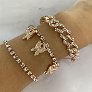 Ice Out Cuban Link Chain Tennis Bracelet Gold Ring Statement NecklaceRhinestone Crystal Butterfly Bracelet for Women Men Jewelry S247h