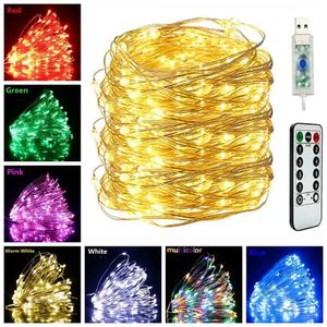 LEDストリップライトルームデコレーションUSBリモコン付き銅線クリスマスアウトドアフェアリー5m 10m 20m 231025