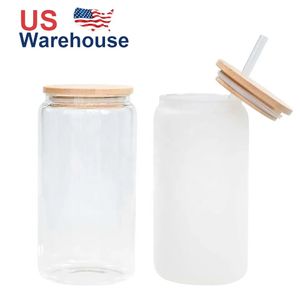 US CA gefüllt 16oz Sublimation Glass Becher Bier Tee Wasserflaschen Klar gefrostete Blanks Tumbler für DIY -Druck 0516