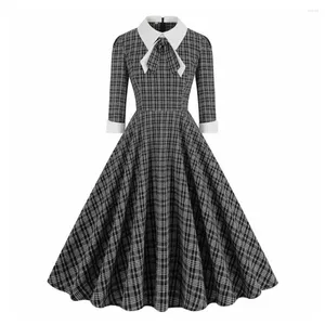 Casual Dresses SISHION 3/4 Sleeve 1950 Hepburn Style Retro VD4296 Women Autumn Coffee Black Plaid Dress